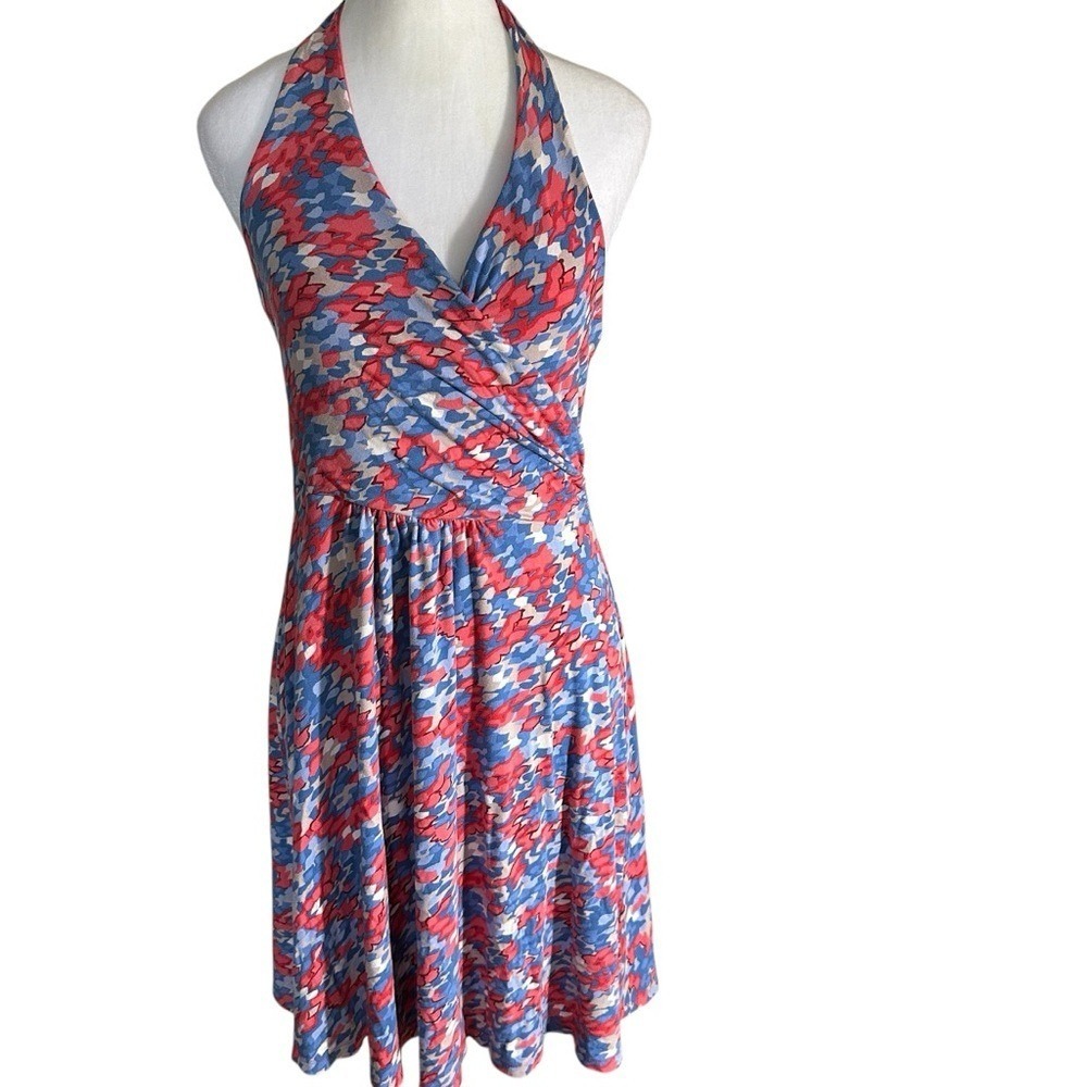 Boden Halter Neck Wrap Dress Blue Red‎ 8P Women Abstract Print Jersey Summer